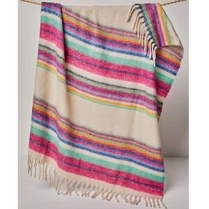 Free People Oversized Striped Blanket Scarf Multi Color Fringe Wrap Cream Boho